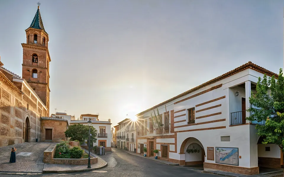 La torre de la iglesia de San Andrés y la plaza de Fondón a contraluz, con el sol bajo entre las casas